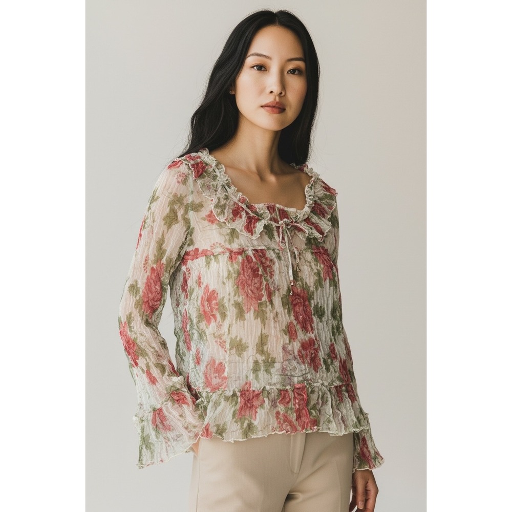 Jade by Johnny Was Silk Floral Ruffle Blouse Sheer Crinkle Top L16919-1 XS